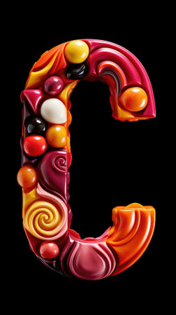 Alphabet letter C uppercase. Chocolate font made of candy isolated on black background. 3d renderingの素材
