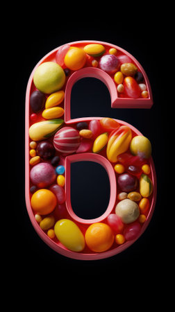 Colorful candies in the shape of number six on black backgroundの素材