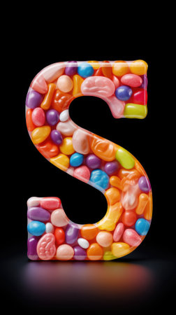 Colorful candies in shape of letter S isolated on black backgroundの素材