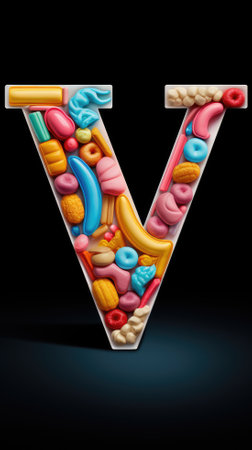Letter V made of colorful candies on black background. 3D renderingの素材