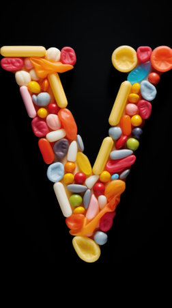 Letter V made of colorful candies on black background, letter Vの素材