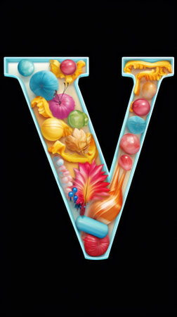 V letter with colorful candies on black background, capital letter Vの素材