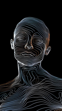 3d rendering of a male face with wireframe lines on a black backgroundの素材