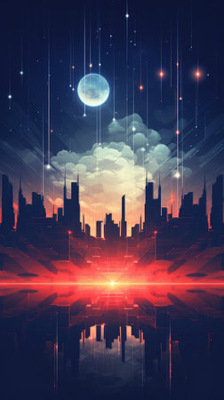 Night city with a full moon. Futuristic cityscape. Vector illustration.の素材