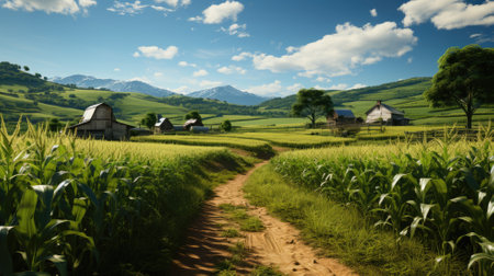 Rural landscape with a road in the middle of a corn fieldの素材