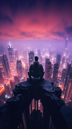 Silhouette of a man sitting on the edge of a cliff with a city in the backgroundの素材