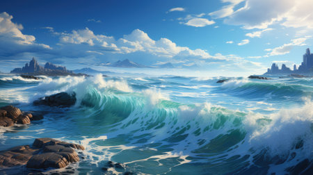 beautiful seascape with blue sea and sky, 3d renderの素材