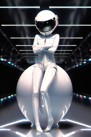 3D rendering of a female astronaut sitting on a white sphere.の素材