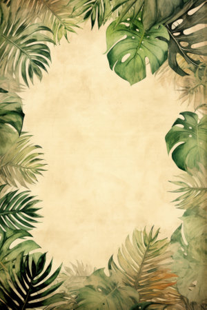 Tropical leaves on old grunge paper background. Watercolor illustrationの素材
