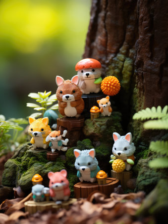 Funny little animal figurines on mossy stone in forest.の素材
