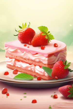 Strawberry cake with cream and fresh strawberries on a wooden backgroundの素材