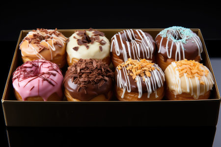 Assorted donuts in a box on a black background. Selective focus.の素材