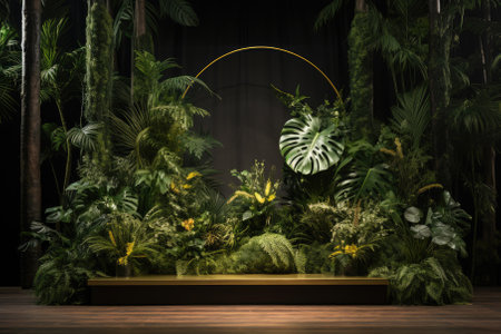 3d render of a stage with tropical plants and decorations in the dark roomの素材