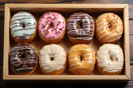 Box with tasty donuts on wooden background, top view. Delicious dessertの素材