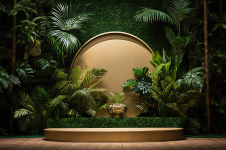3D render of golden podium with tropical plants on the background.の素材