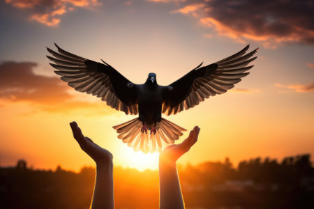 Silhouette pigeon return coming to hands in air vibrant sunlight sunset sunrise backgroundの素材