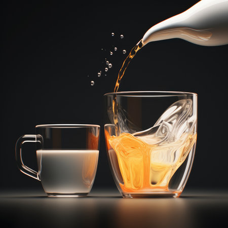 Pouring milk into a glass cup on black background. 3d renderingの素材