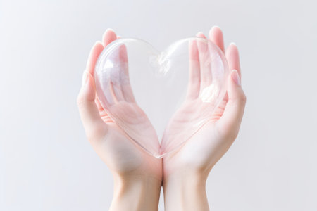 Woman's hands holding a transparent heart on a white background, close upの素材