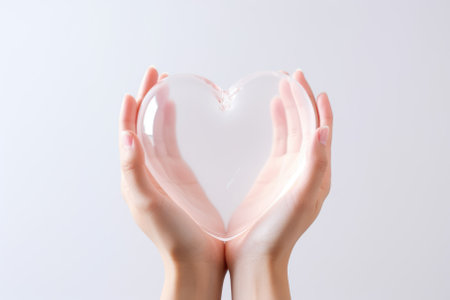 Female hands holding a transparent heart on a white background, close upの素材