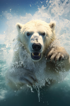a polar bear out of the water with water splashing everywhereの素材