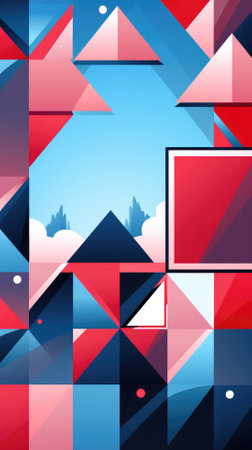 Abstract geometric background with colorful triangles and cityscape, vector illustration.の素材