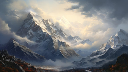Mountain landscape with snow-capped peaks in the clouds.の素材