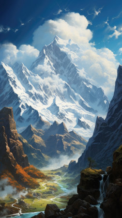 Mountain landscape with river and snow-capped peaks in the cloudsの素材