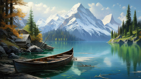Fantasy landscape with lake and old wooden boat. 3D renderingの素材