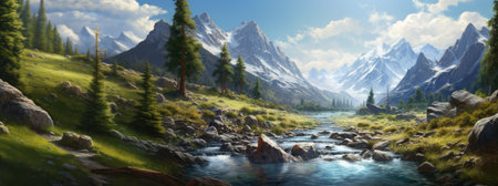 Beautiful panoramic mountain landscape with a river and high peaksの素材