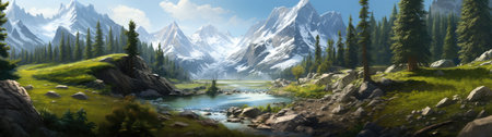 Panoramic view of mountain lake and snow-capped peaksの素材