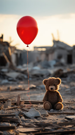 Teddy bear and red balloon on a background of destroyed building.の素材