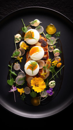 Delicious seafood salad with boiled eggs and spring flowers on black backgroundの素材