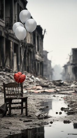 Old wooden chair and white balloons on the bank of the river.の素材