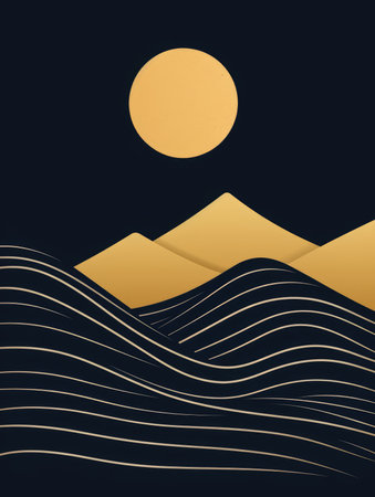 Paper art landscape with mountains and sun. Japanese style. Vector illustration.の素材