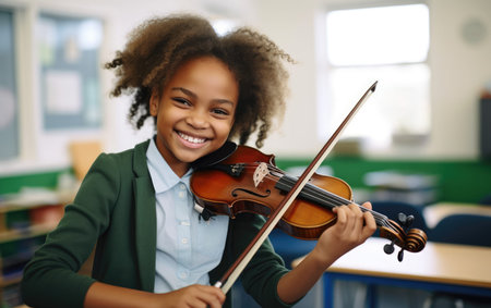 Portrait of smiling african american girl playing violin in classroomの素材