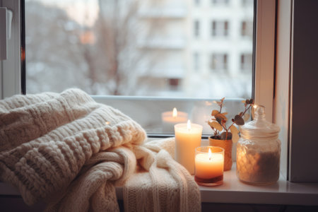 Cozy home interior with burning candles, woolen plaid and warm clothes on windowsillの素材