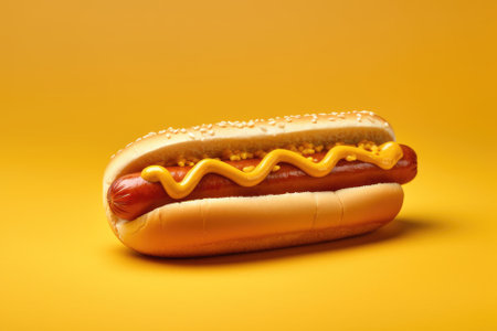 Hot dog with mustard on a yellow background. Close-up.の素材