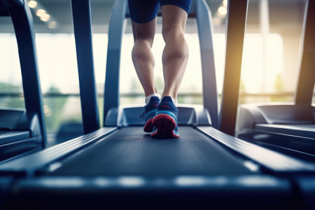 Running on treadmill in the gym. Close-up of a man running on a treadmillの素材