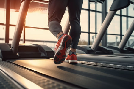 Young woman running on a treadmill in a modern gym. Close up of legsの素材