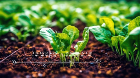 Organic farming and agriculture concept. Closeup of young green sprouts growing in soil. Selective focus.の素材