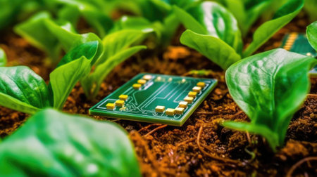 Close up microcircuit of green plant in the soil. Technology conceptの素材