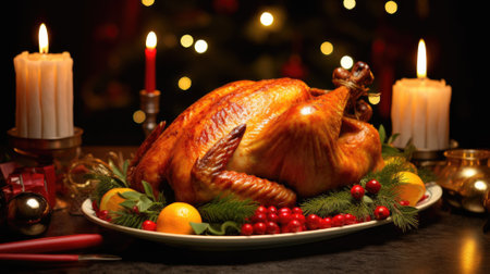 Christmas roasted turkey on festive table with burning candles and christmas treeの素材