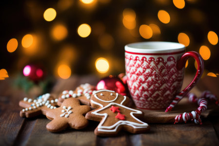 Cup of coffee with christmas gingerbread cookies on wooden tableの素材