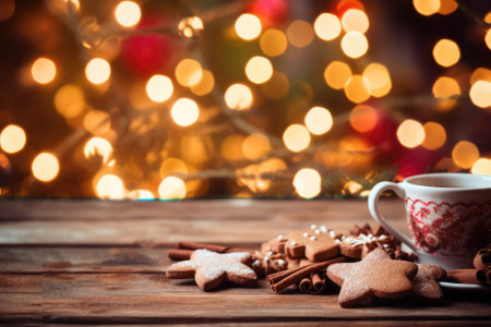 Cup of coffee with christmas cookies on wooden table and bokeh backgroundの素材