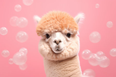 Cute alpaca with soap bubbles on pink background, closeupの素材