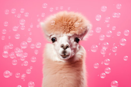 Cute alpaca with soap bubbles on pink background, closeupの素材