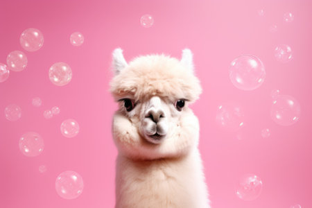 Funny alpaca with soap bubbles on pink background, closeupの素材