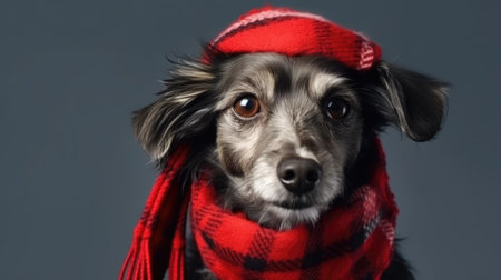 Studio portrait of a cute dog wearing a red scarf and a hatの素材