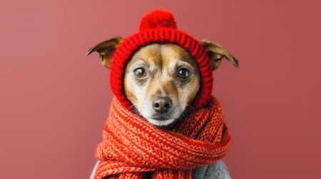 Cute dog in a red hat and scarf on a red background.の素材