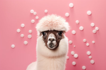 Cute alpaca with Christmas balls on color background, closeupの素材
